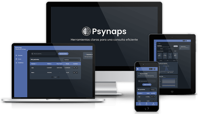 Plataforma Psynaps en múltiples dispositivos: agenda de turnos, listado de pacientes y estadísticas del consultorio